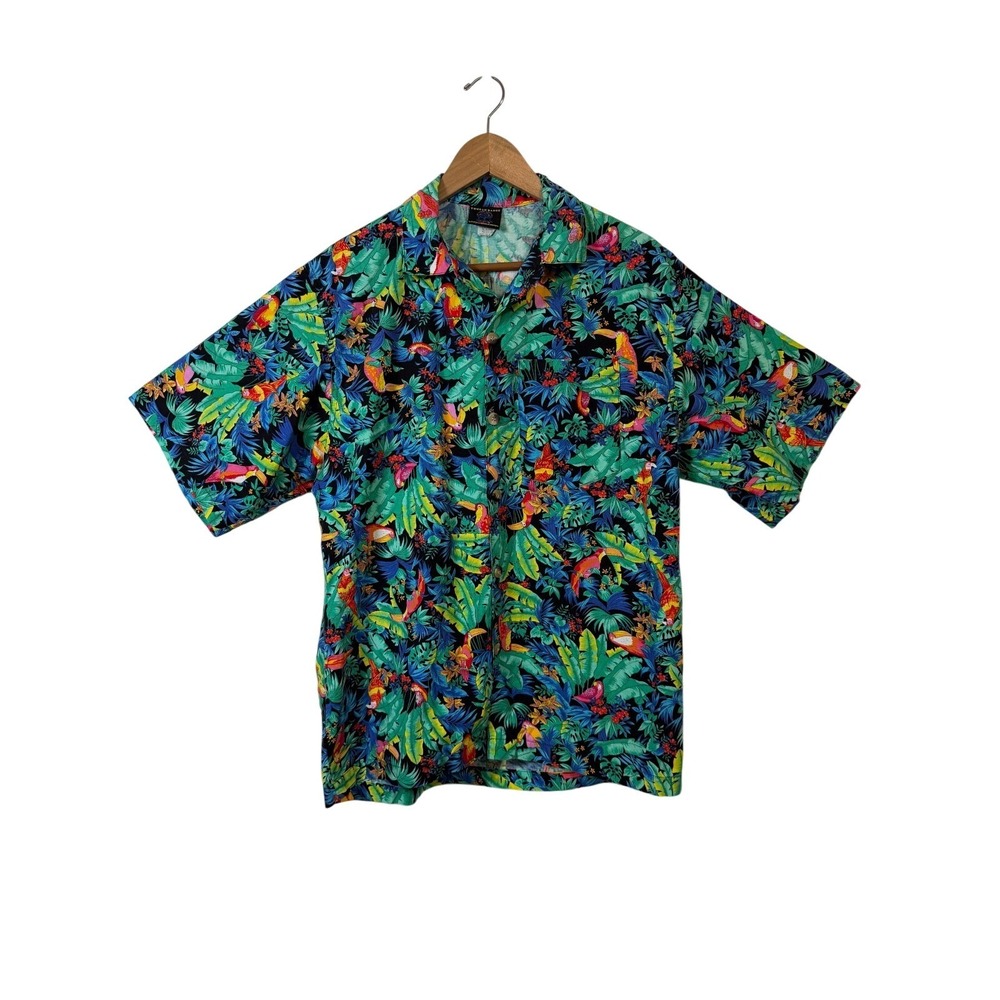 Toucan Dance Button Down Shirt Mens Medium Multicolor Tropical Parrot Cotton USA